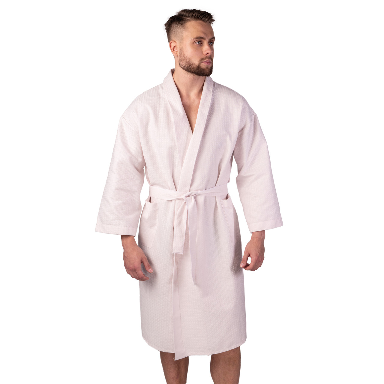 Вафельний халат Luxyart Кімоно розмір (54-56) XL 100% бавовна Пудрова (LS-0418)