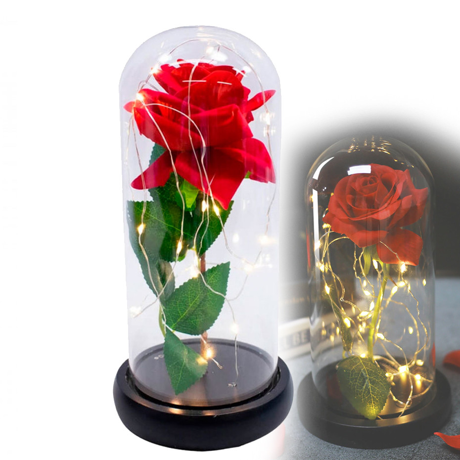 Роза в колбе под стеклянным куполом яркая красная с LED подсветкой Rose of Love 16 см Red