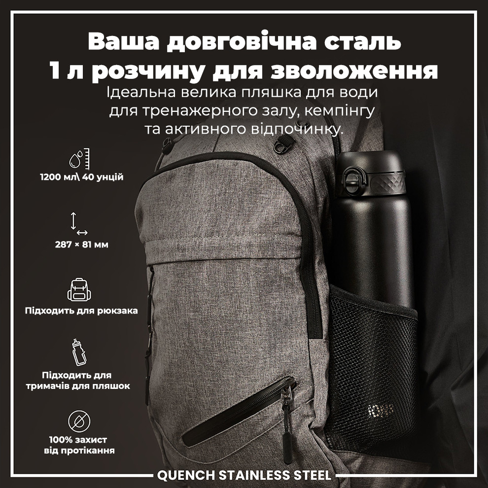Пляшка для води ION8 Stainless Steel 1200 мл Black (I8SS1000BLK)