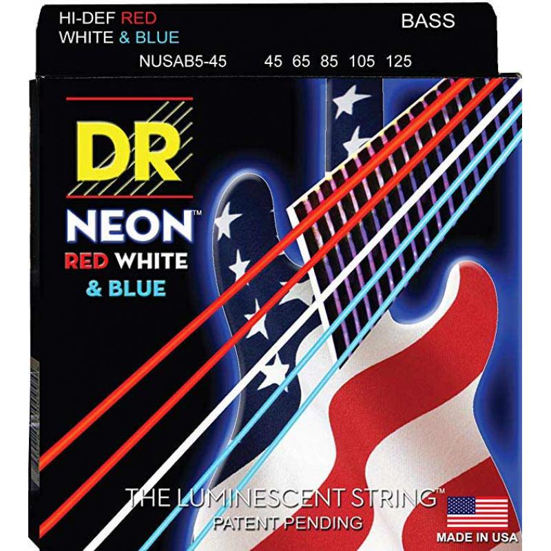 Струны для бас-гитары DR NUSAB5-45 Hi-Def Neon Red White Blue K3 Coated Medium Bass Guitar 5 Strings 45/125