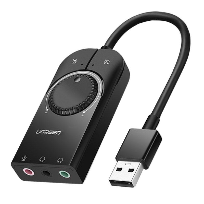 Зовнішня звукова карта Ugreen USB 2.0 з регулятором гучності CM129 (Чорна, 1м)