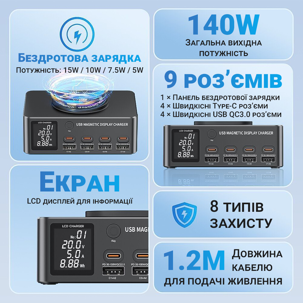 Зарядная док-станция Addap MCS-818DP 140W для 9 устройств