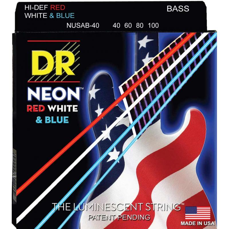 Струны для бас-гитары DR NUSAB-40 Hi-Def Neon Red White  Blue K3 Coated Light Bass Guitar 4 Strings 40/100