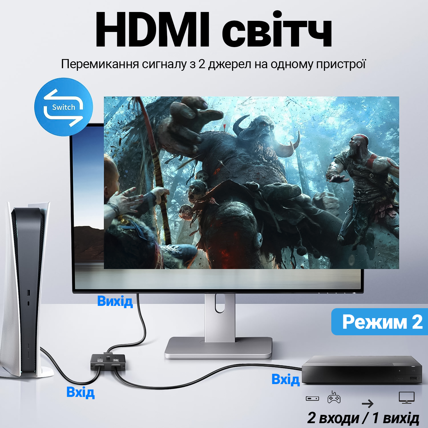 Двухсторонний переключатель HDMI 2в1 на 2 канала Addap HVS-04
