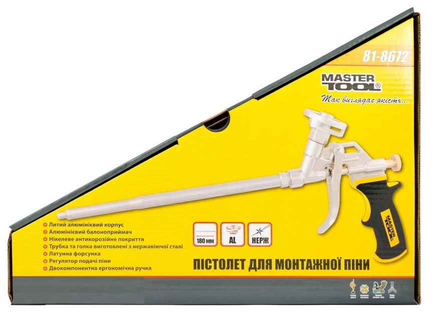Пистолет для монтажной пены металлический баллоноприемник MASTERTOOL 180 мм (81-8672)