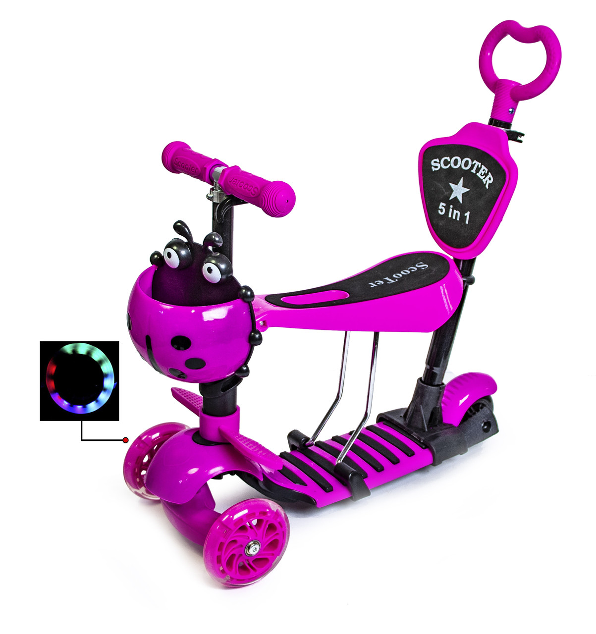 Детский самокат - трансформер 5в1 с подсветкой Scooter "Божья коровка" Pink