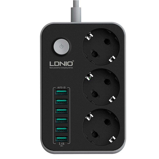 Мережевий фільтр подовжувач з usb LDNIO SE3631 6USB 3 розетки 1.6 м чорний