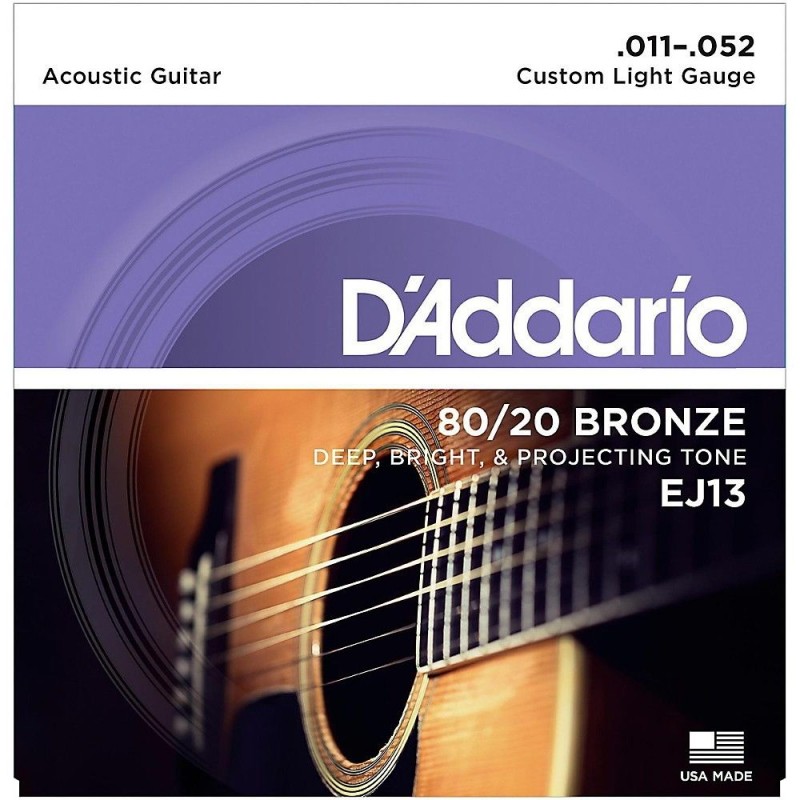 Струни для акустичної гітари D'Addario EJ13 80/20 Bronze Custom Light Acoustic Guitar Strings 11/52