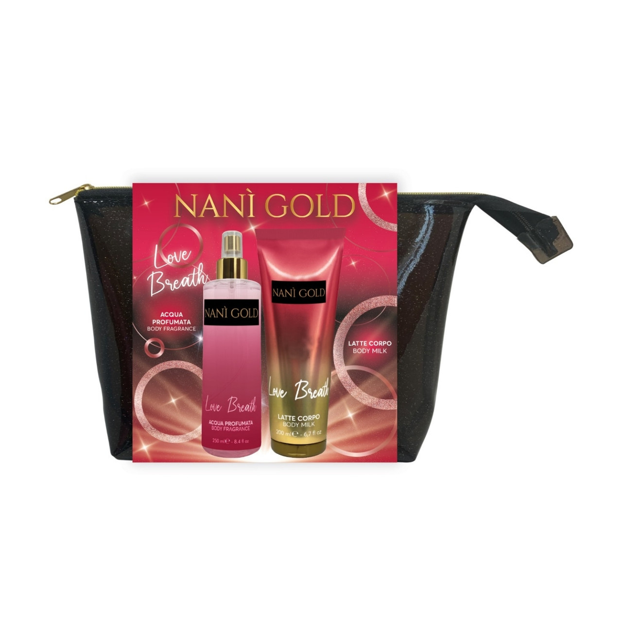 Набор подарочный Nani Gold Love Breath спрей 250мл молочко 200мл косметичка