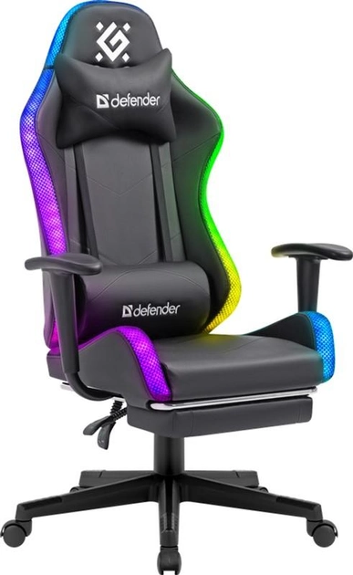 Геймерское кресло Defender Watcher полиуритановое с RGB подсветкой и подножкой Черный