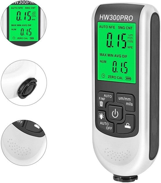 Толщиномер краски цифровой Icar HW-300 Pro 0 - 2000 мкм Fe и Nfe Белый (RE050737)