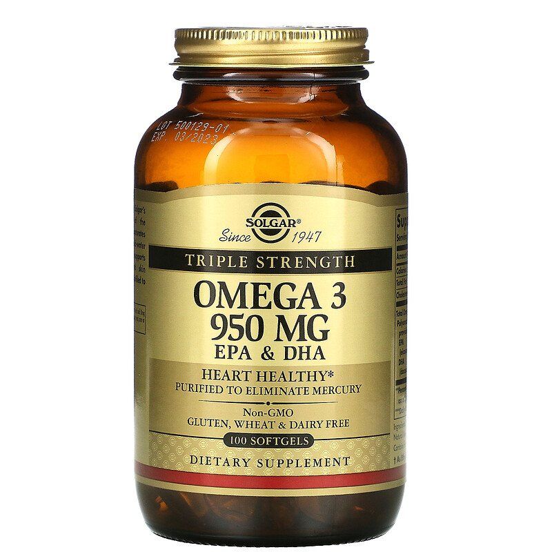 Omega-3 EPA DHA Solgar тройная сила 950 мг 100 гелевых капсул