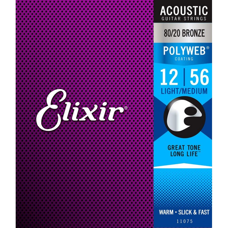 Струны для акустической гитары Elixir 11075 Polyweb 80/20 Bronze Acoustic Light Medium 12/56