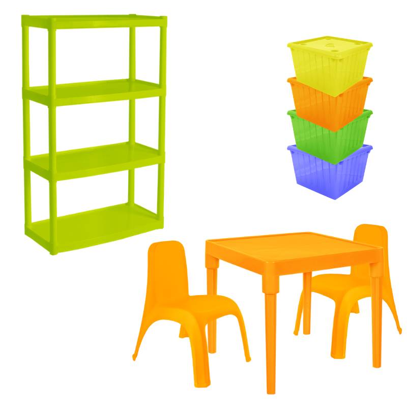 Комплект дитячих меблів Малюк №7 (стіл + 2 стільці + стелаж + 4 ємності для іграшок) (18-100-38)