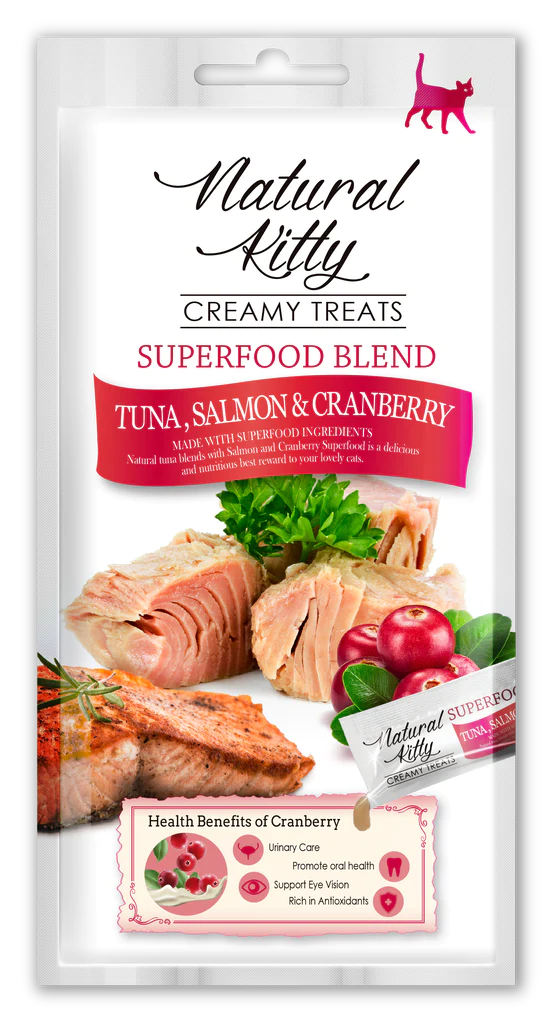 Крем-снек Natural Kitty Creamy Treats SUPERFOOD BLEND Tuna  Salmon & Cranberry для кошек со вкусом тунца лосося и клюквы Pettric 4х12г