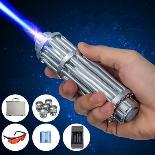 Лазер синий Laser B017 с пятью насадками мощная лазерная указка прожигатель с насадками в кейсе