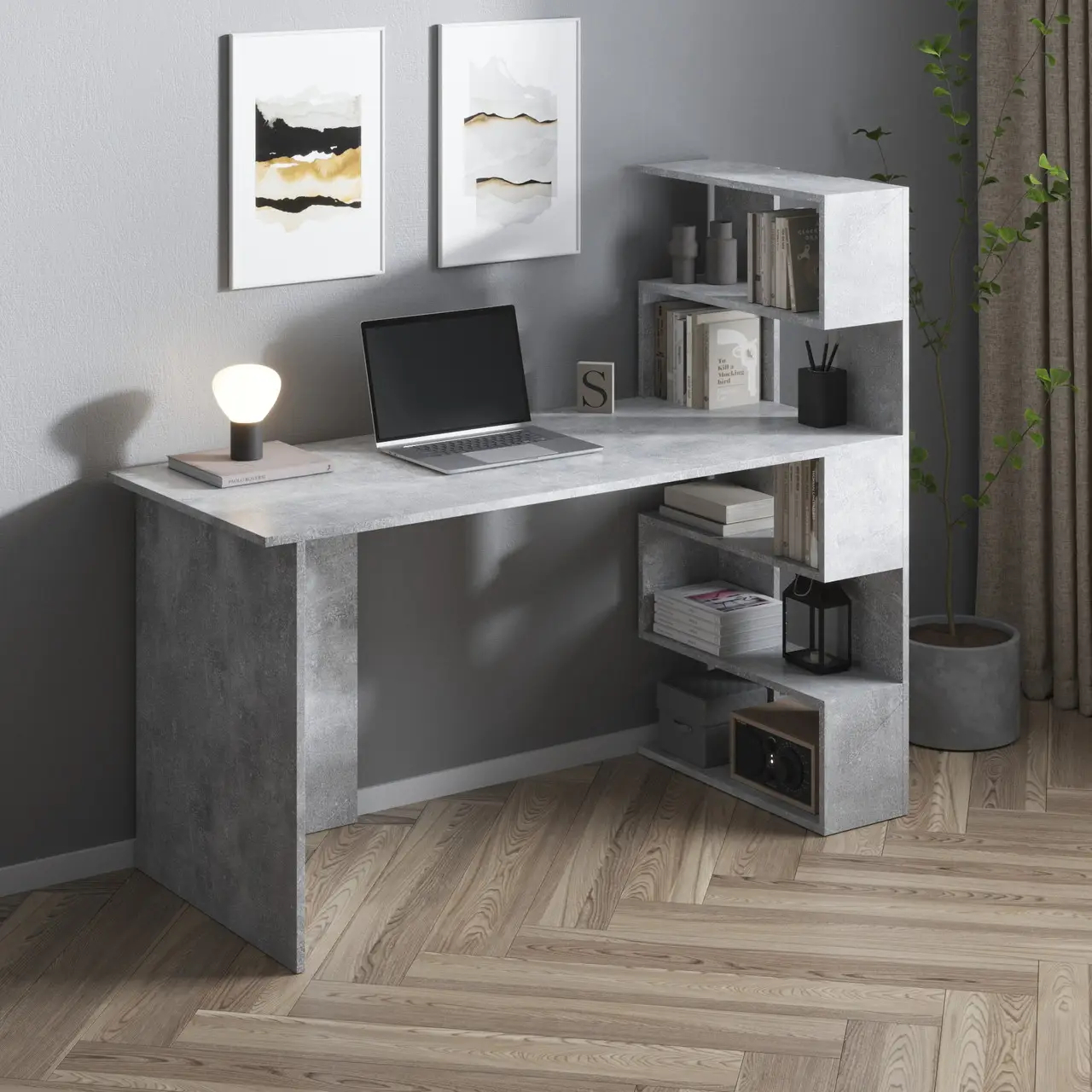 Письменный стол с полками No Brand Open shelf 1250х600х750 мм Бетон (13643786)