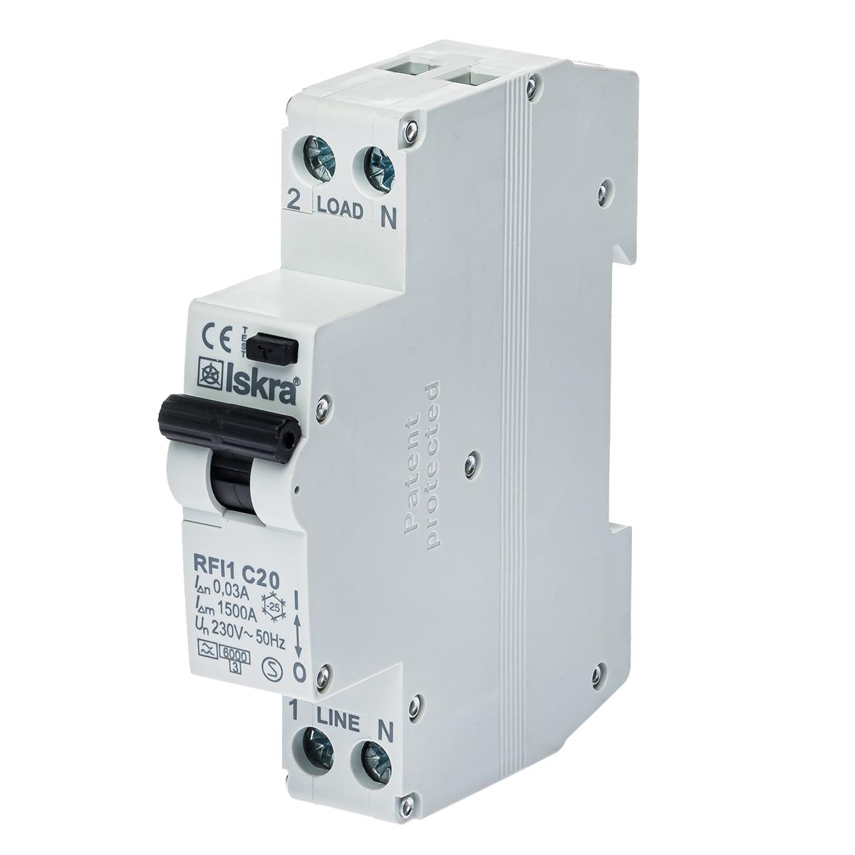 Диференціальний автоматичний вимикач ISKRA RFI1C20A 1P+N 20 A AC 30 mA DIN IP20 (786100921000)
