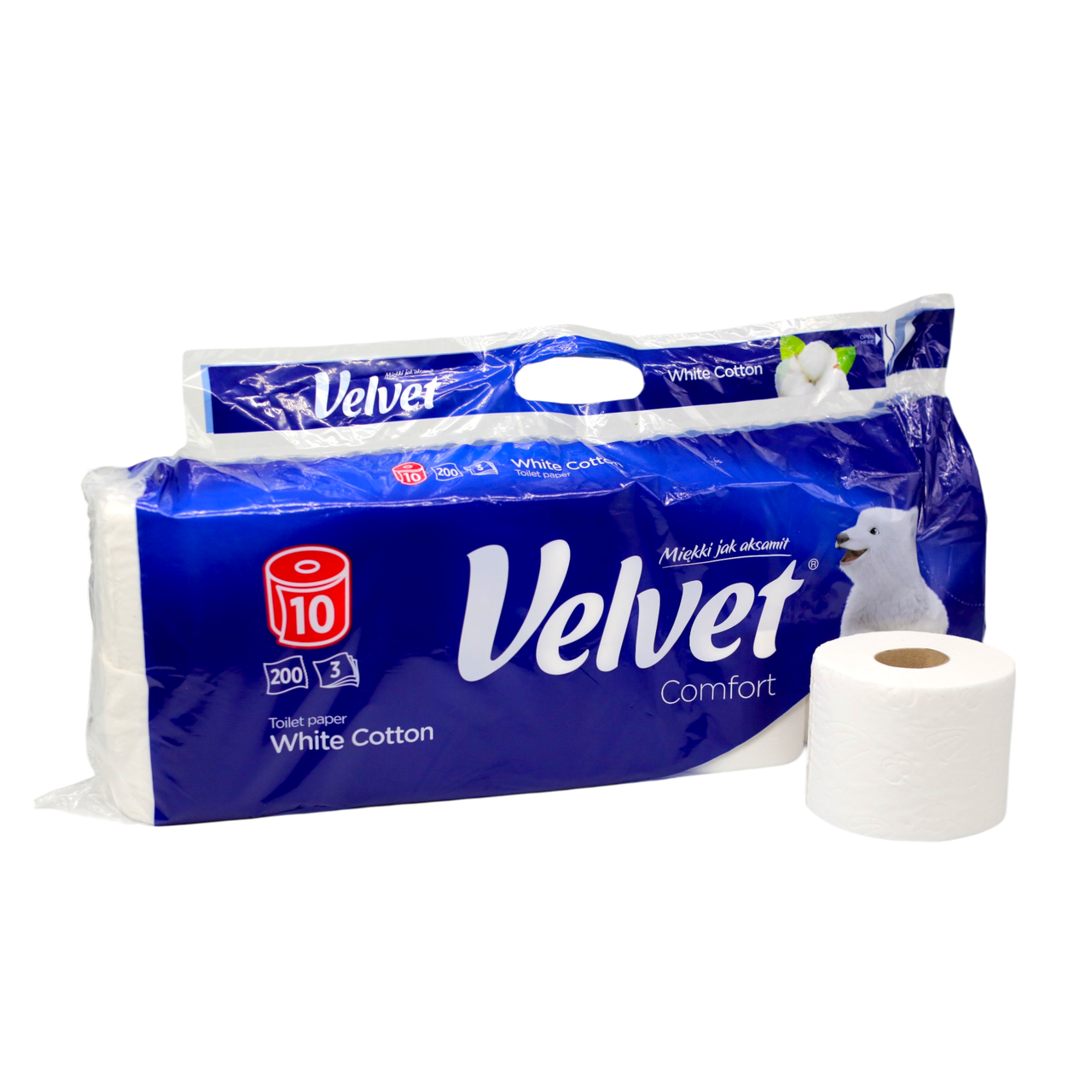 Туалетная бумага Velvet White Cotton 10 рулонов 3 слоя 200 отрывов