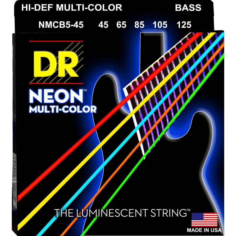 Струны для бас-гитары DR NMCB5-45 Hi-Def Neon Multicolor K3 Coated Medium Bass 5 Strings 45/125