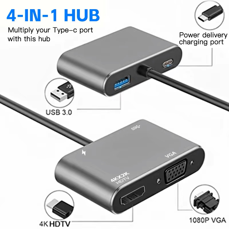 Концентратор Qukam Type-C 4 в 1 адаптер type-c 3.0 до 4K HDMI HDTV VGA USB 3.0 PD разветвитель быстрой зарядки Серый