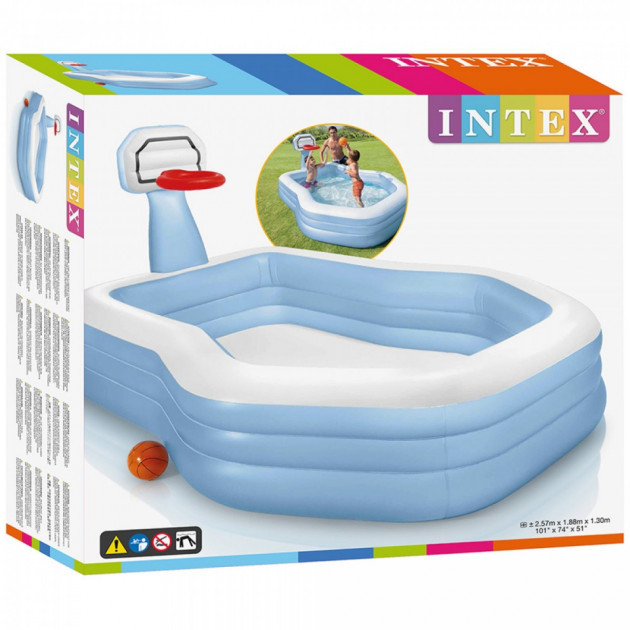 Детский надувной бассейн Intex с баскетбольным кольцом 257х188х130 см 682 л Голубой (57183)
