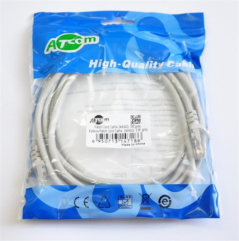Патч-корд литой Atcom UTP RJ45 Cat.5e 3 м серый