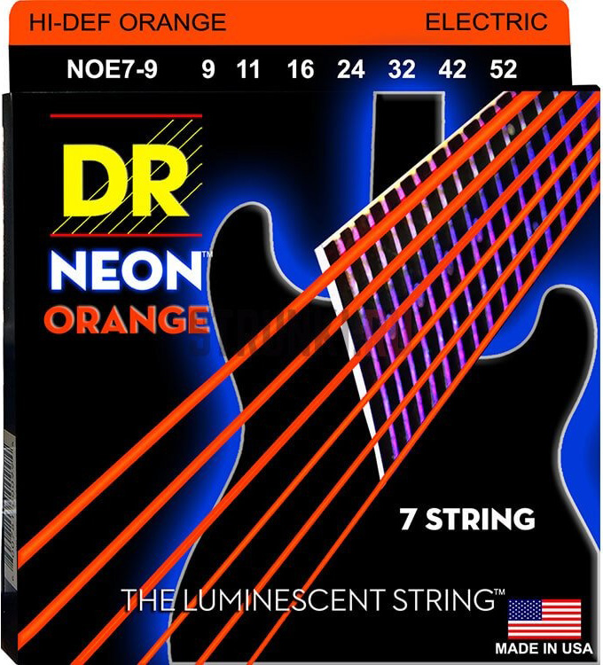 Струны для электрогитары DR NOE7-9 Hi-Def Neon Orange K3 Coated Light 7-String Electric Guitar 9/52