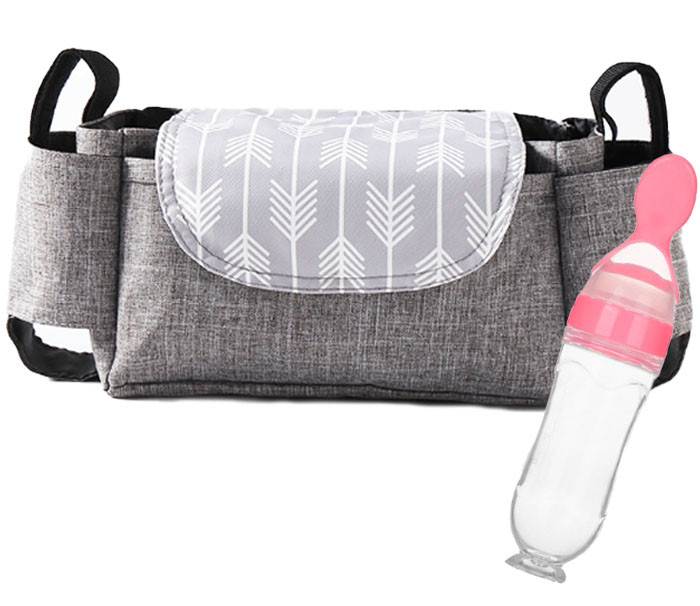 Набір підвісна сумка для коляски 35х11х15 см Сіра та Пляшка-ложка для годування Рожева (n-1410)