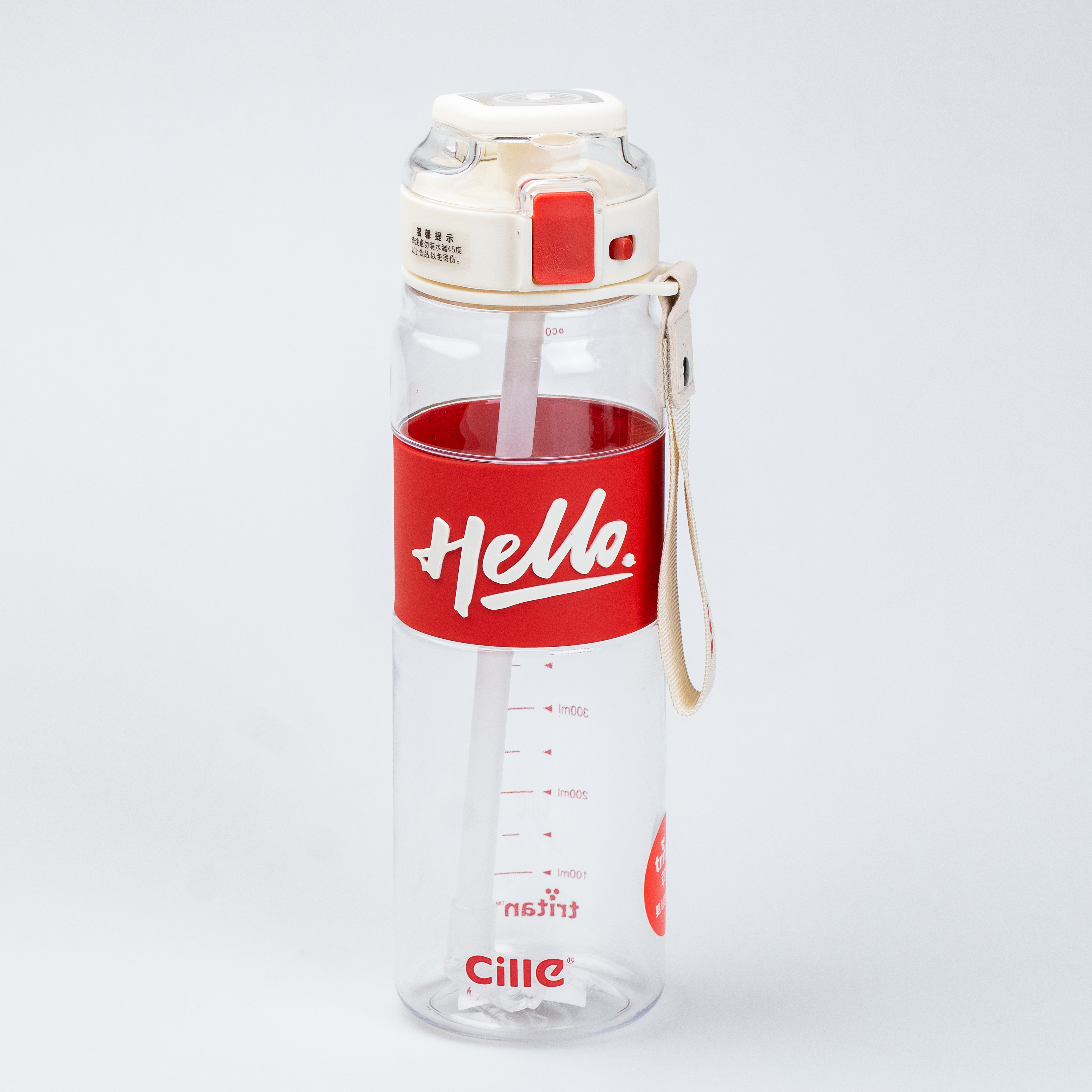 Спортивна пляшка для води Happy Life Hello 860 мл з трубочкою, ремінцем і ручкою, червона
