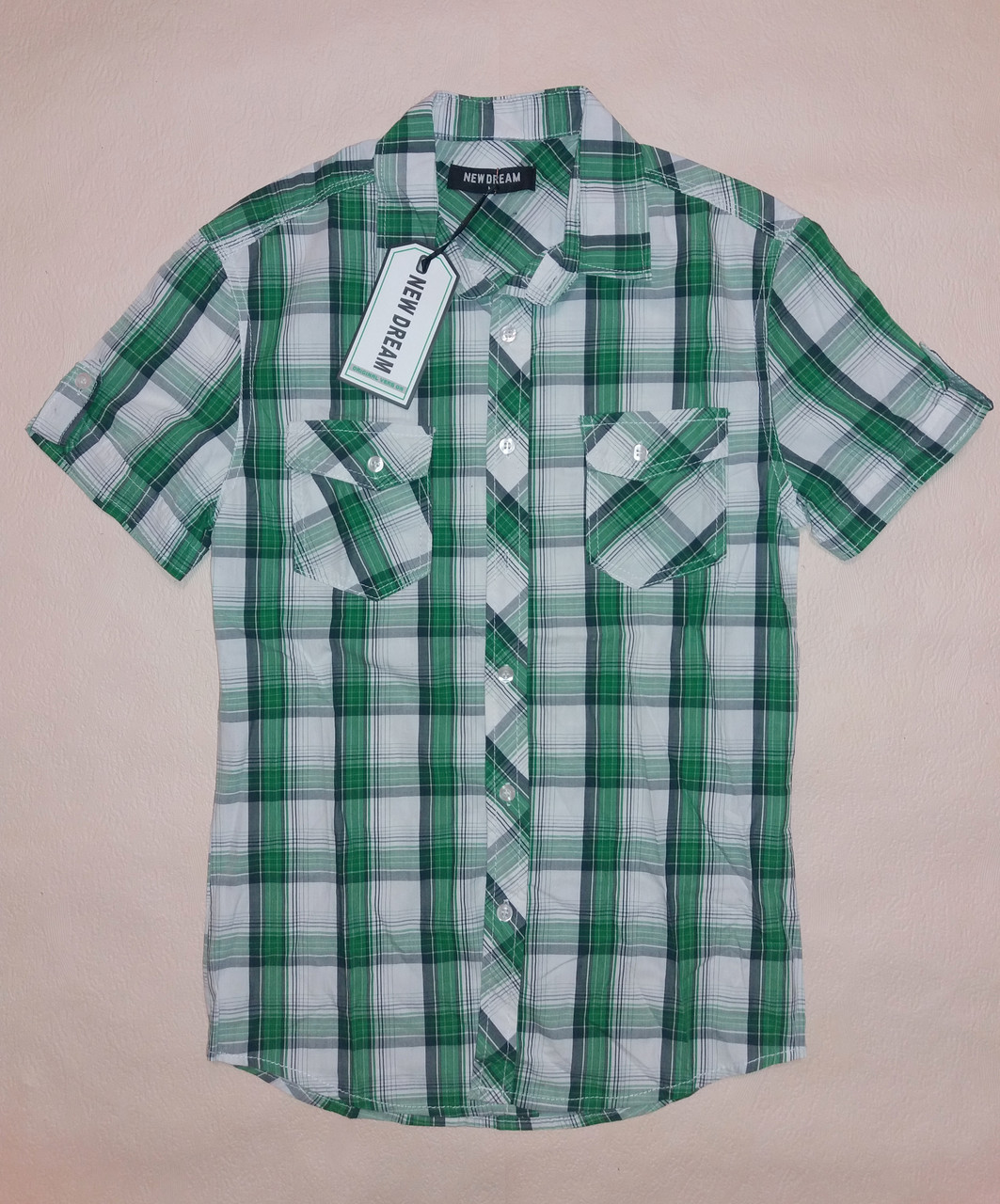 Рубашка мужская с коротким рукавом New Dream р.M (44) Зеленый клетка(ю338)