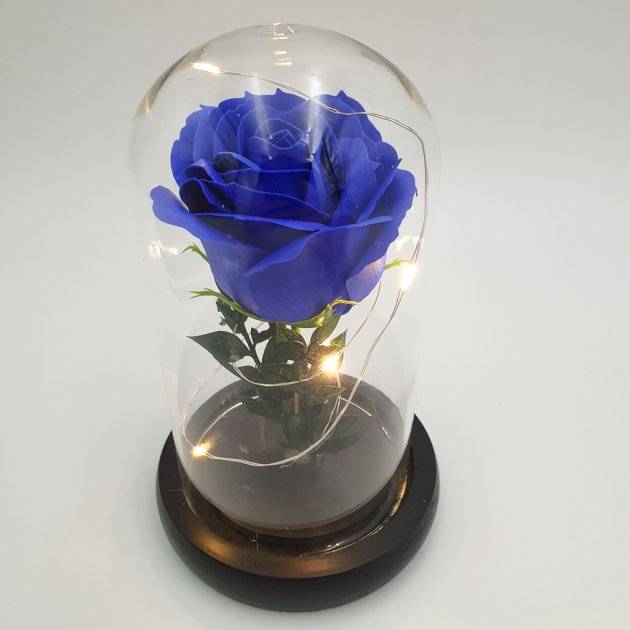 Роза в колбе под стеклянным куполом яркая с подсветкой Rose of Love LED 16см Blue
