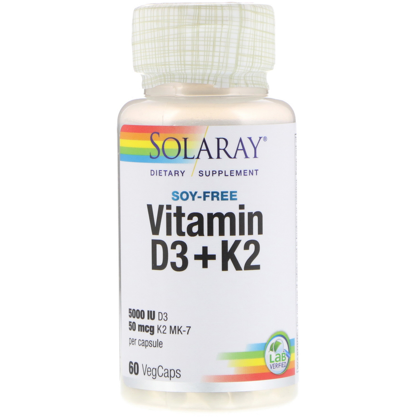 Вітамін Д3 та К2, Solaray, без сої, 60 капсул (20007)