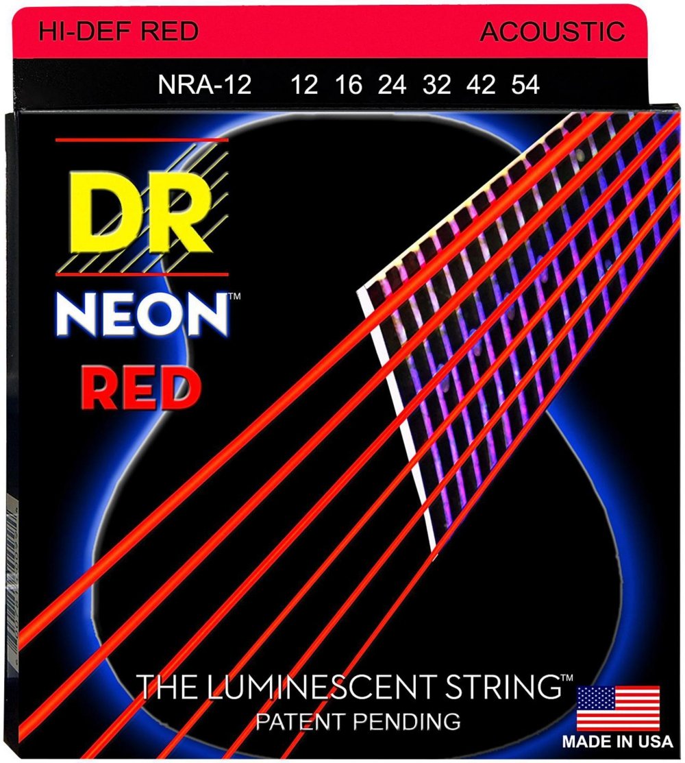 Струни для акустичної гітари 6 шт DR NRA-12 Hi-Def Neon Red K3 Coated Medium Acoustic Guitar Strings 12/54