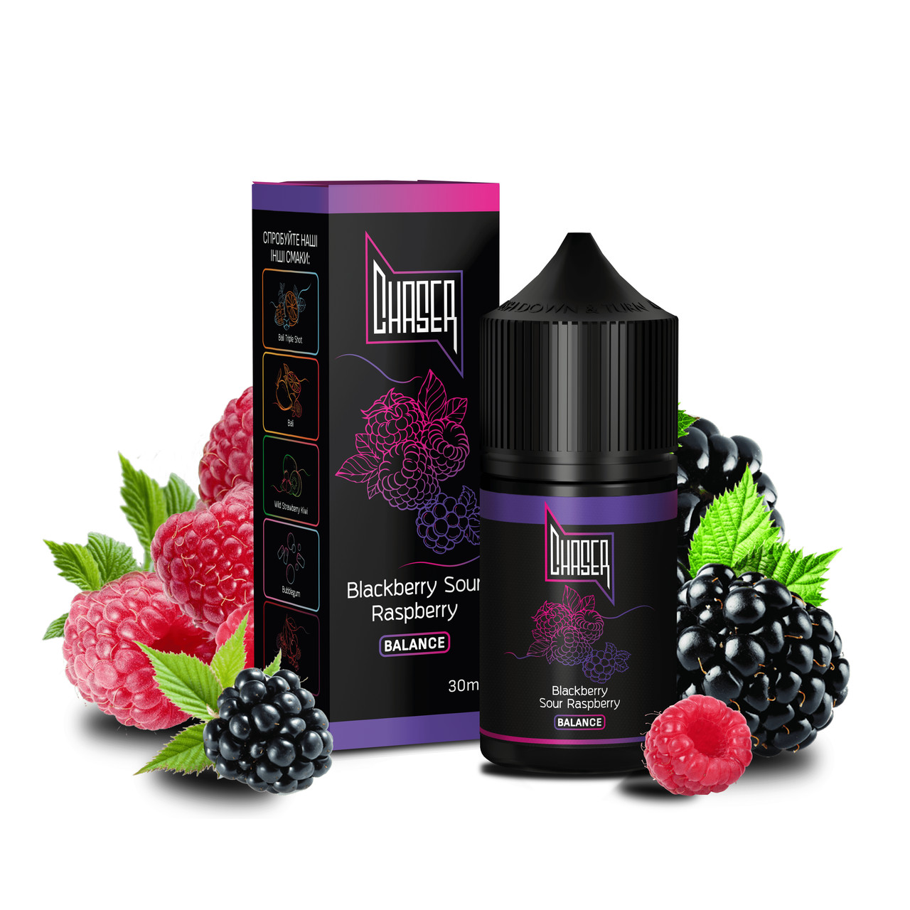 Солевая жидкость для вейпа CHASER Black Balance: BLACKBERRY SOUR RASPBERRY 30 ml 50 mg Ежевика малина (15280-hbr)