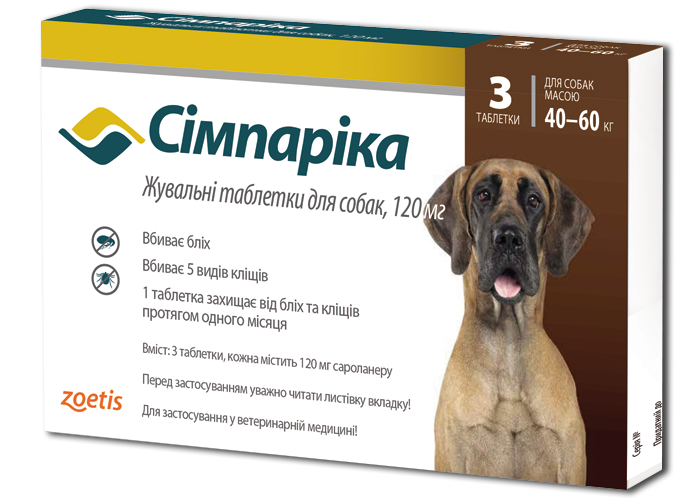 Таблетки Zoetis Simparica от блох и клещей для собак 40-60 кг 3 шт 10022533