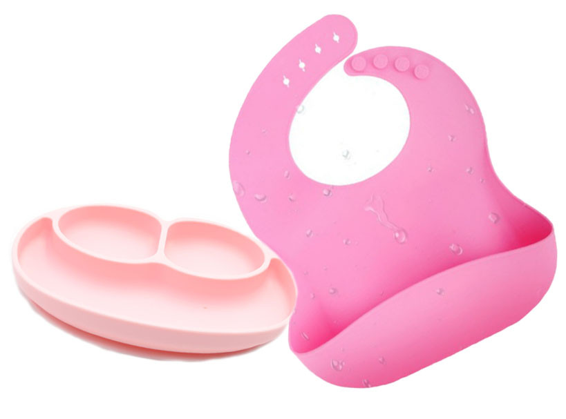 Набор силиконовая тарелка коврик для кормления ребёнка 22 х 15 см и слюнявчик силиконовый Розовый (n-1107)