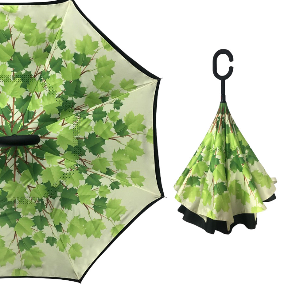 Зонт-трость наоборот Up-Brella Листья Черно-зеленый (2907-13279)