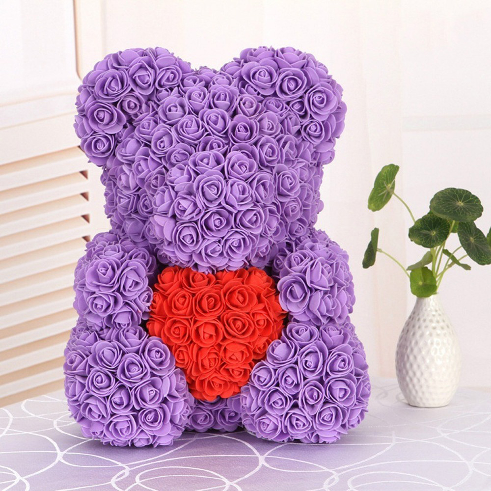 Ведмедик із троянд із серцем 40 см у подарунковій коробці 3D Teddy Flower Оригінальний подарунок дівчині у подарунковій упаковці Фіолетовий