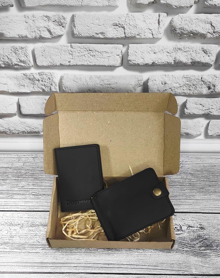 Подарунковий набір DNK Leather №6 затискач + обкладинка на права ID паспорт Чорний 18х10х3,5 см