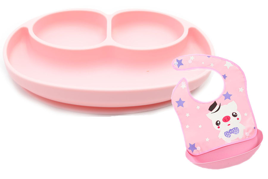 Набор силиконовая тарелка коврик для кормления ребенка 22х15 см и слюнявчик ПВХ со свинкой (n-1074)