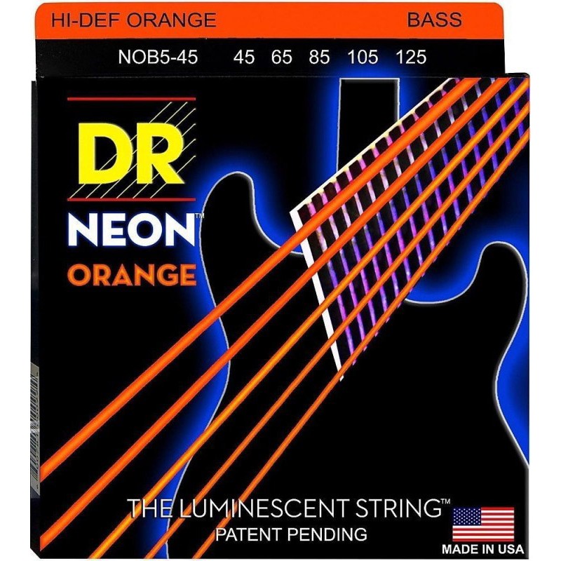 Струны для бас-гитары DR NOB5-45 Hi-Def Neon Orange K3 Coated Medium Bass 5 Strings 45/125