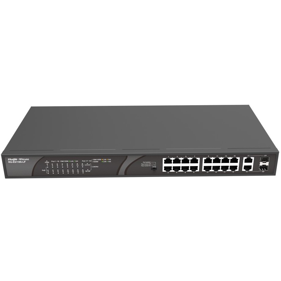 Комутатор Ruijie Reyee RG-ES118S-LP (16xFE PoE, 2xGE uplink, настільний, безшумний, max PoE 120W)