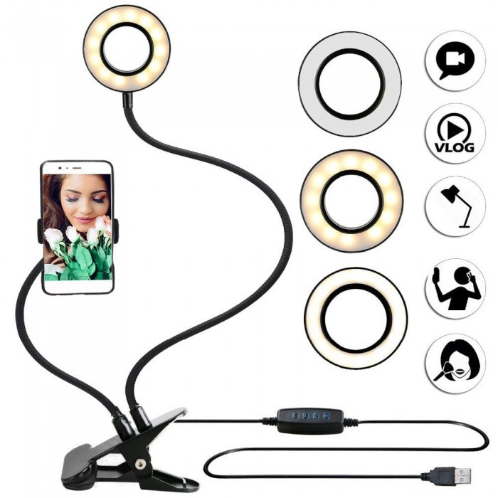 Держатель для телефона с LED подсветкой светодиодная подсветка селфи кольцо на прищепке с держателем UKC (3 цвета свечения) Черный