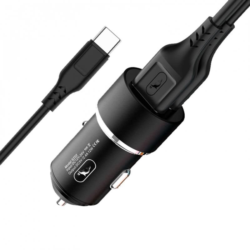 Автомобільний зарядний пристрій Sky Dolphin SZ02T Aluminium 2USB 2.4A Black AZP-000072 кабель Type-C