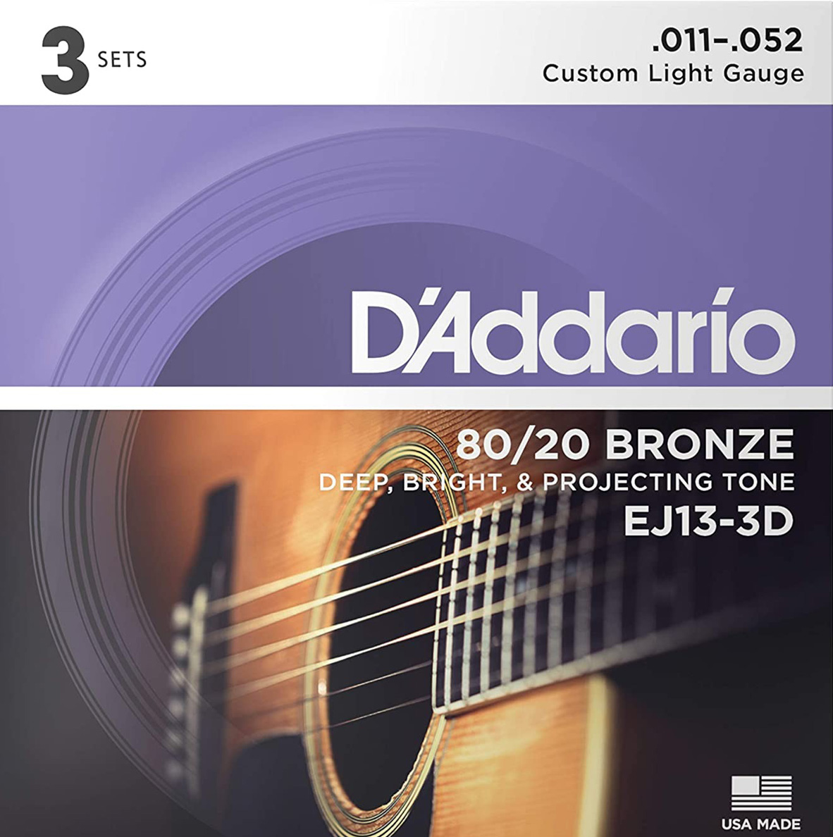 Струни для акустичної гітари D'Addario EJ13-3D 80/20 Bronze Custom Light Acoustic Guitar Strings 11/52