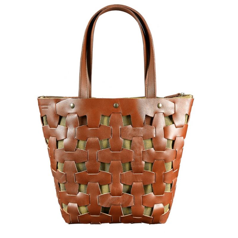 Шкіряна плетена сумка жіноча BlankNote Пазл Krast L Світло-Коричнева (BN-BAG-33-k)