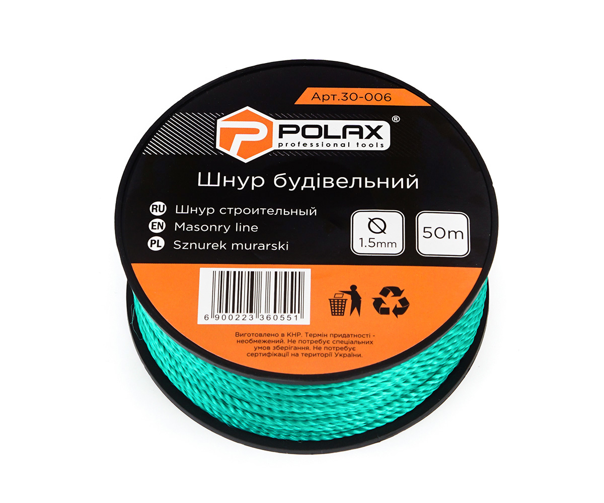 Шнур муляра Polax для будівельних робіт 1,5 мм х 50 м, зелений (30-006)