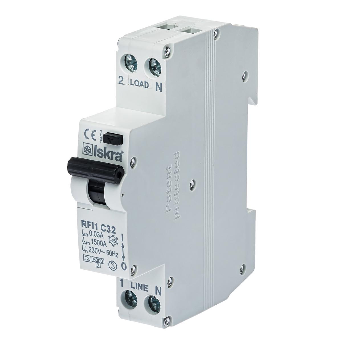 Диференціальний автоматичний вимикач ISKRA RFI1C32A 1P N 32 A AC 30 mA DIN IP20 (786100923000)
