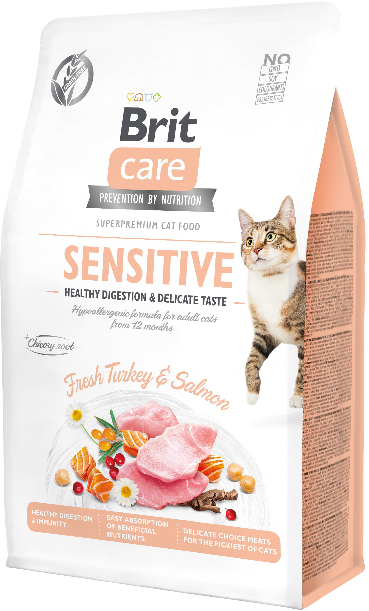 Сухой корм для привередливых кошек Brit Care Cat GF Sensitive Digestion & Delicate Taste с индейкой и лососем 0.4 кг (8595602540716) 171283\0716